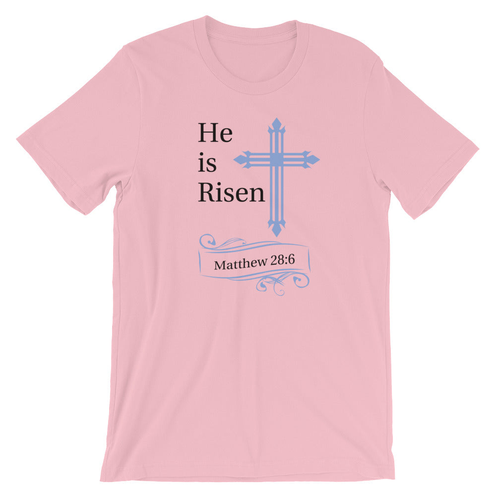 He Is Risen Blue Cross Matthew 28:6 T-Shirt - Light Colors