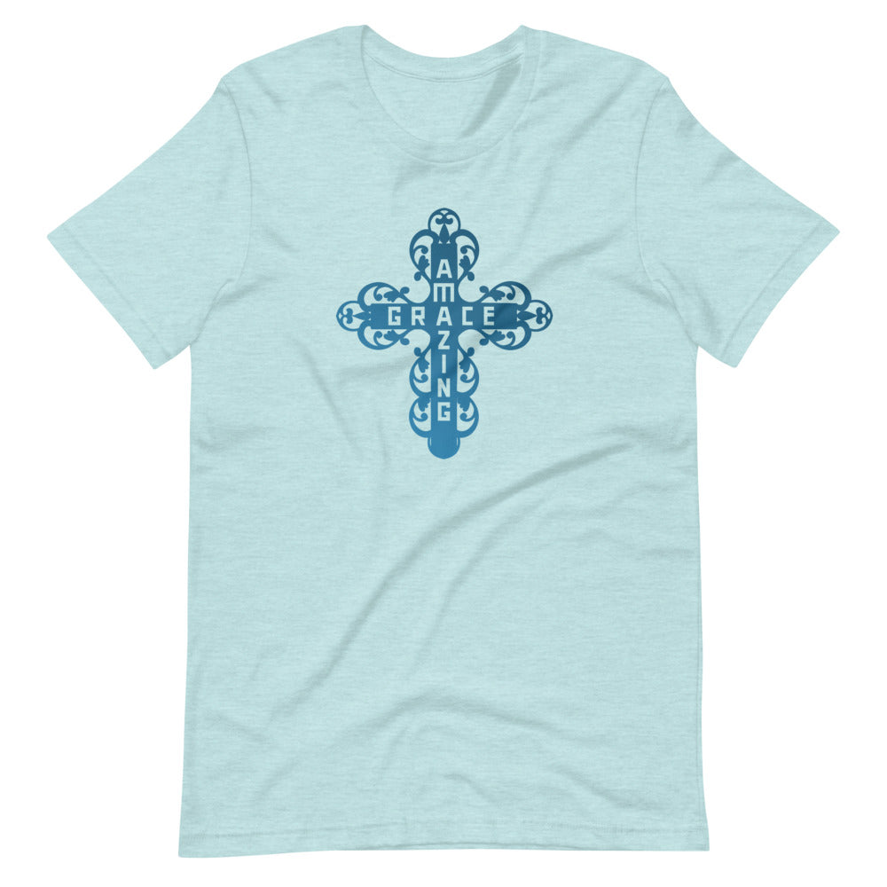 Amazing Grace Filigree Cross T-Shirt - Light Blue Colors