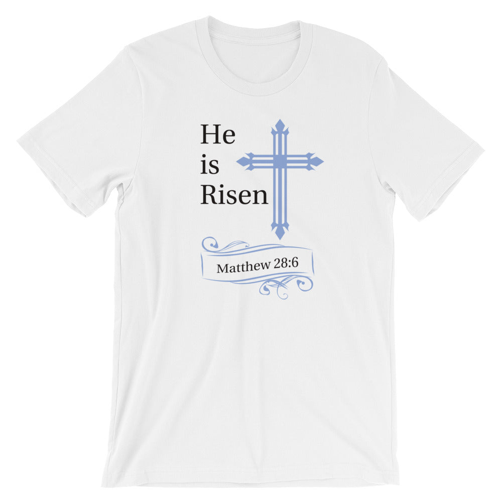 He Is Risen Blue Cross Matthew 28:6 T-Shirt - Light Colors