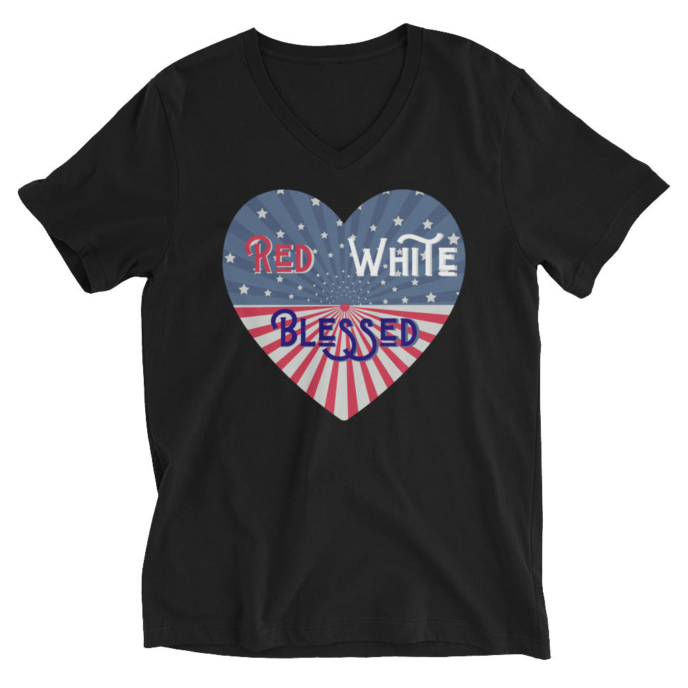 Red White Blessed Vintage Design Cotton V-Neck T-Shirt