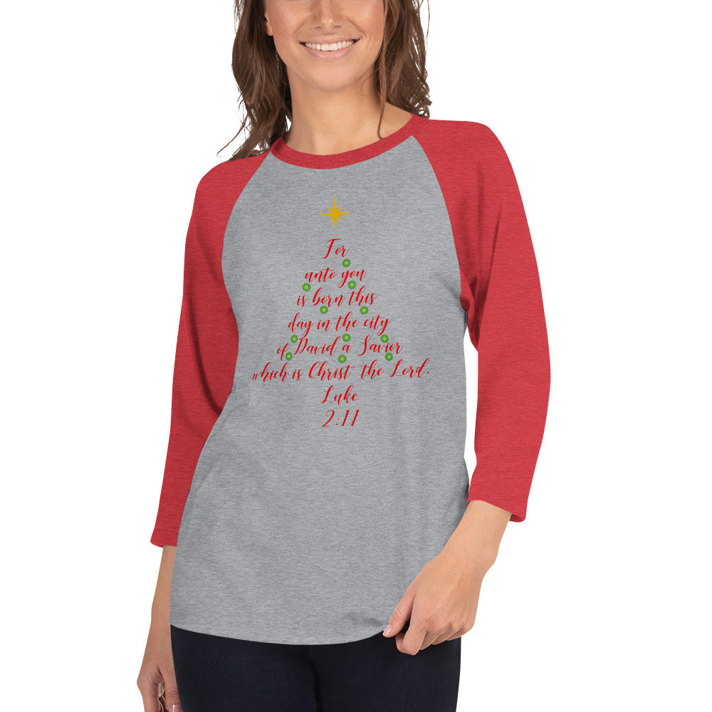 Luke 2:11 Red Christmas Tree 3/4 Sleeve Raglan/Baseball T-Shirt