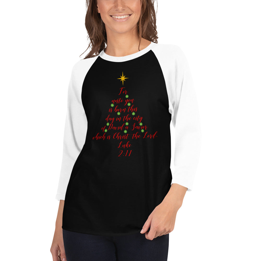 Luke 2:11 Red Christmas Tree 3/4 Sleeve Raglan/Baseball T-Shirt
