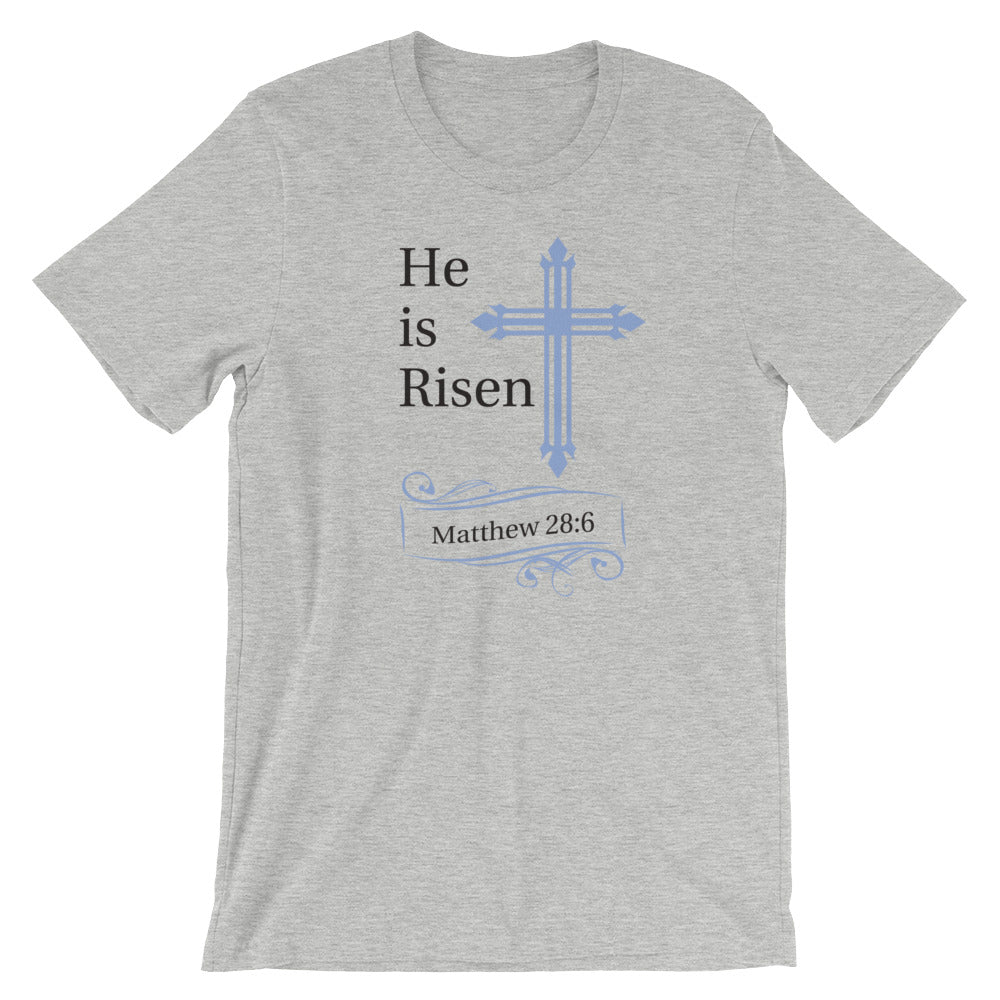 He Is Risen Blue Cross Matthew 28:6 T-Shirt - Light Colors