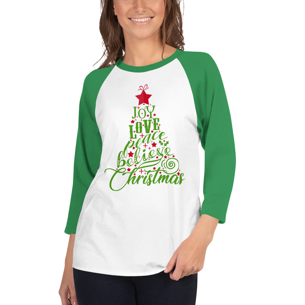 Joy Love Peace Believe Christmas Tree 3/4 Sleeve Raglan/Baseball T-Shirt