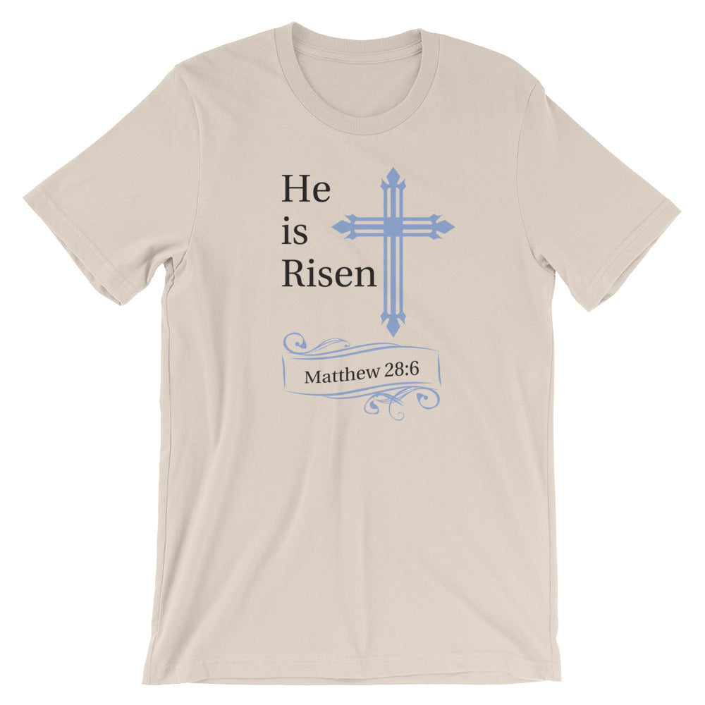 He Is Risen Blue Cross Matthew 28:6 T-Shirt - Light Colors