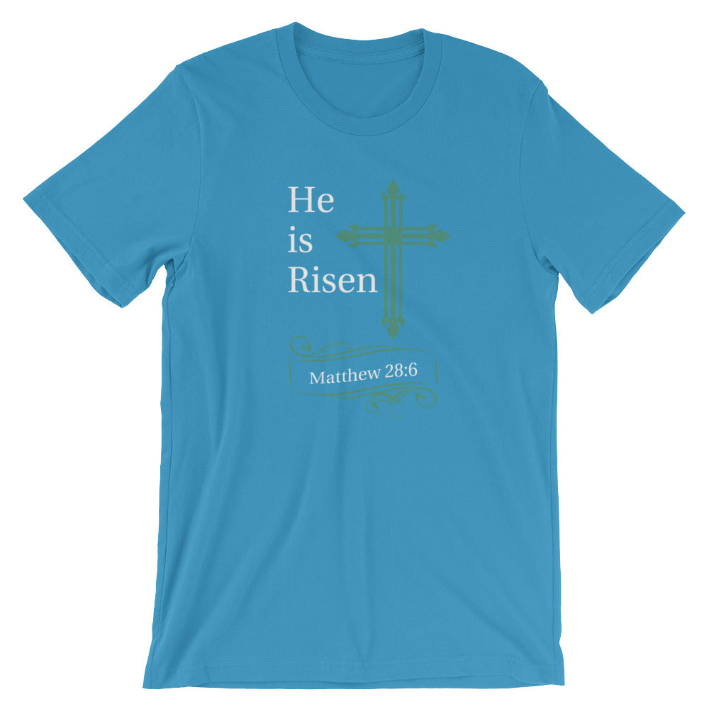 He Is Risen Green Cross Matthew 28:6 Cotton T-Shirt - Dark Colors