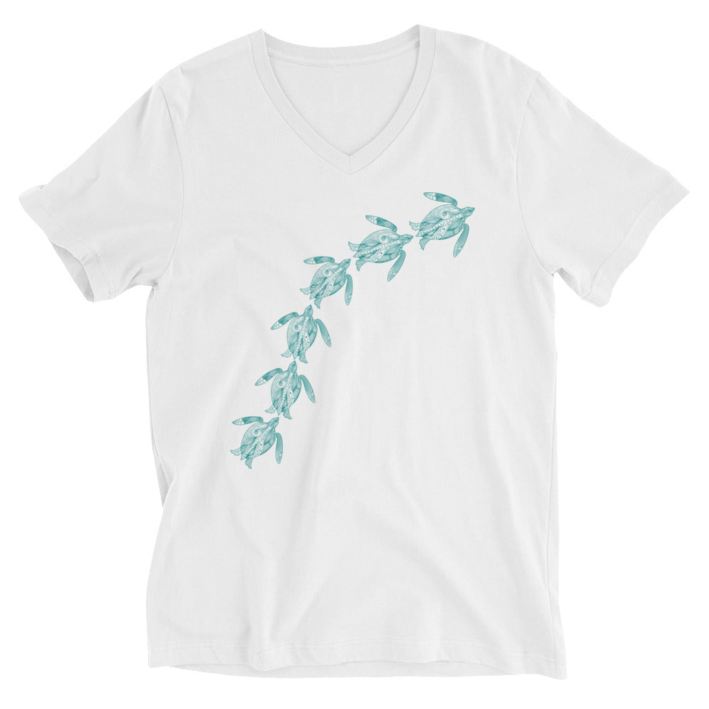 Teal Swimming Sea Turtles V-Neck Cotton T-Shirt