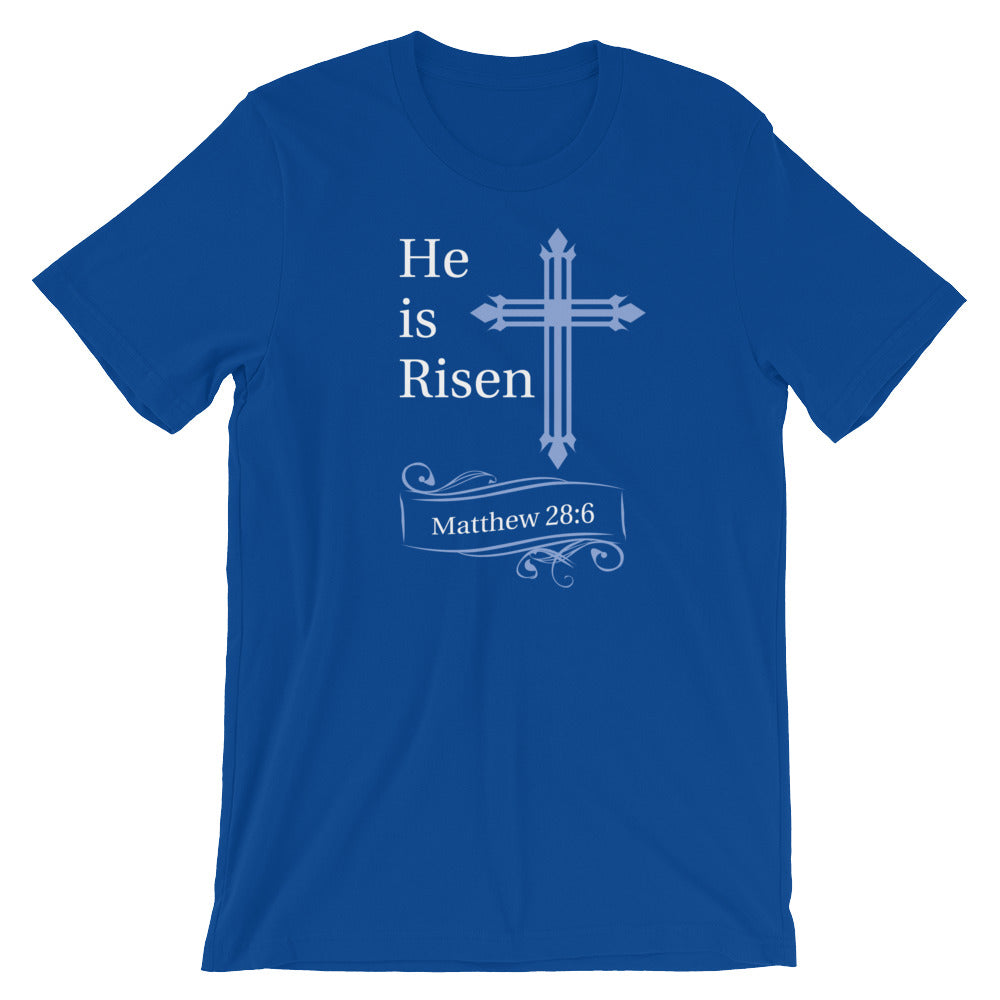 He Is Risen Blue Cross Cotton T-Shirt - Dark Colors