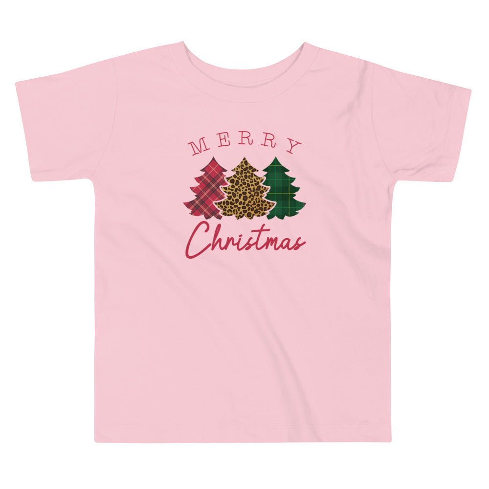 Leopard Flannel Merry Christmas Trees Toddler Short Sleeve Tee