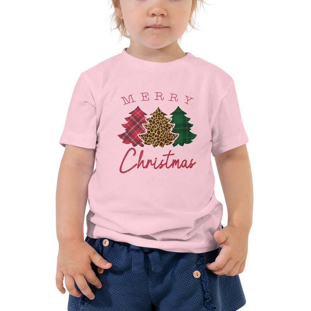 Leopard Flannel Merry Christmas Trees Toddler Short Sleeve Tee
