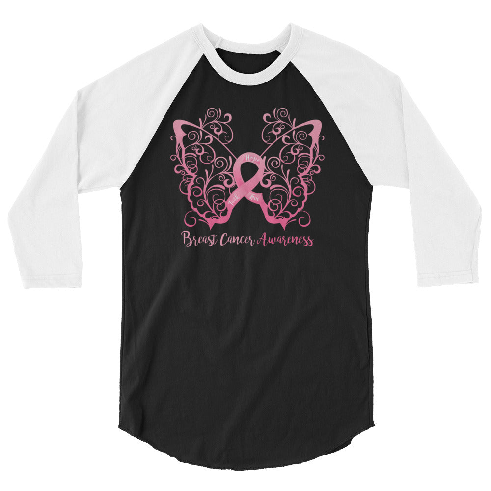 Breast Cancer Awareness Filigree Butterfly 3/4 Sleeve Raglan Shirt