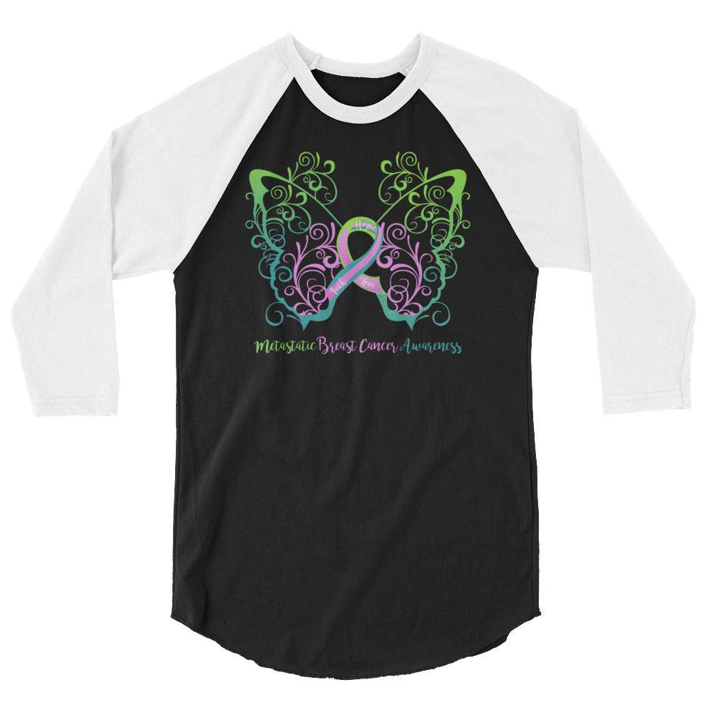 Metastatic Breast Cancer Awareness Filigree Butterfly 3/4 Sleeve Raglan Shirt - Several Colors Available