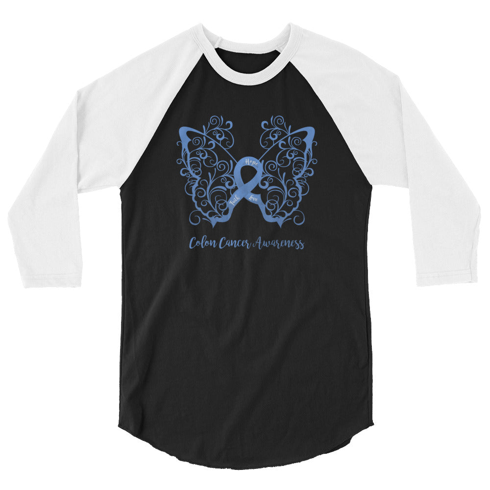 Colon Cancer Awareness Filigree Butterfly 3/4 Sleeve Raglan Shirt