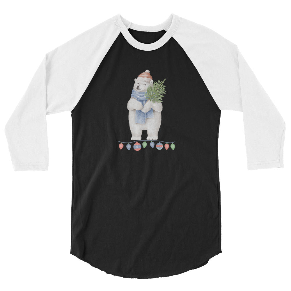 Vintage Watercolor Christmas Polar Bear 3/4 Sleeve Raglan Shirt
