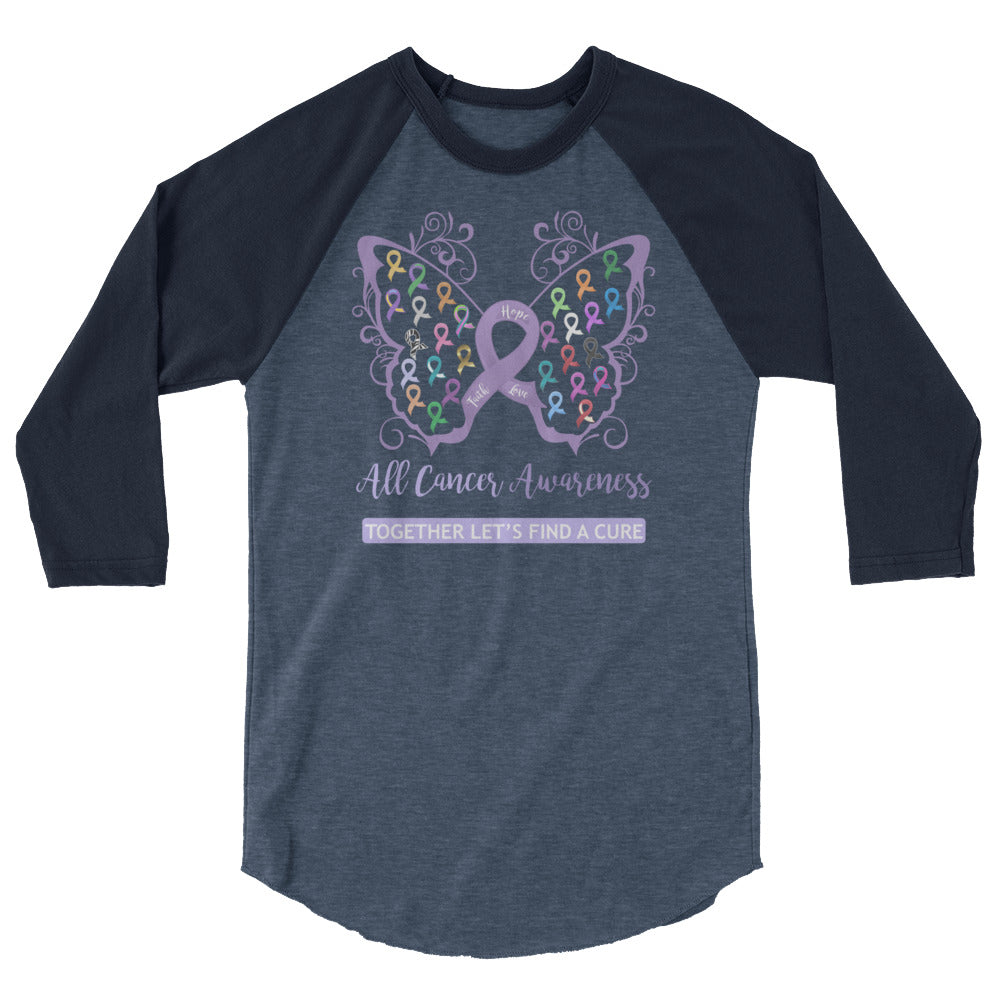 All Cancer Awareness Filigree Butterfly 3/4 Sleeve Raglan Shirt - Several Colors Available