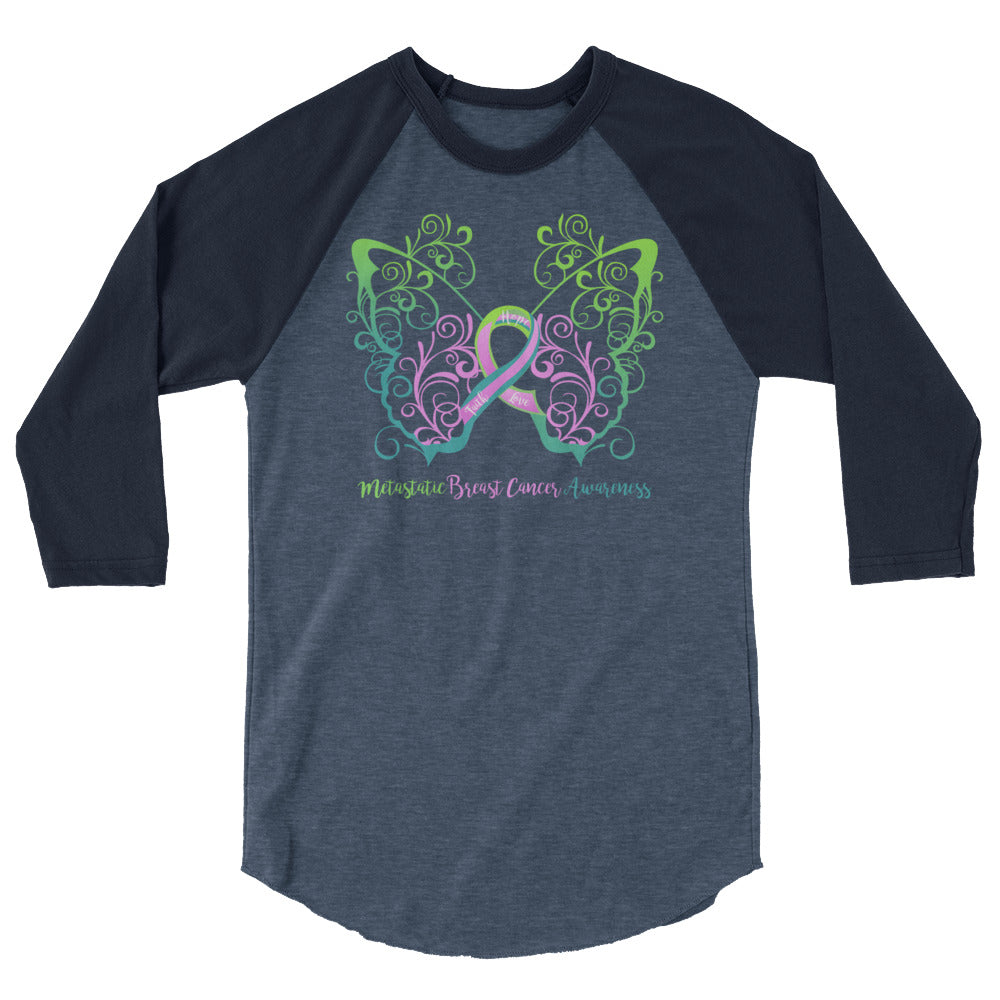 Metastatic Breast Cancer Awareness Filigree Butterfly 3/4 Sleeve Raglan Shirt - Several Colors Available