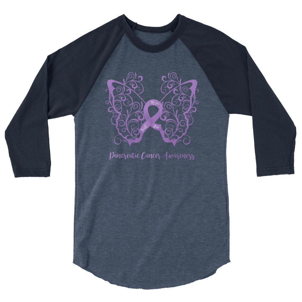 Pancreatic Cancer Awareness Filigree Butterfly 3/4 Sleeve Raglan Shirt - Several Colors Available