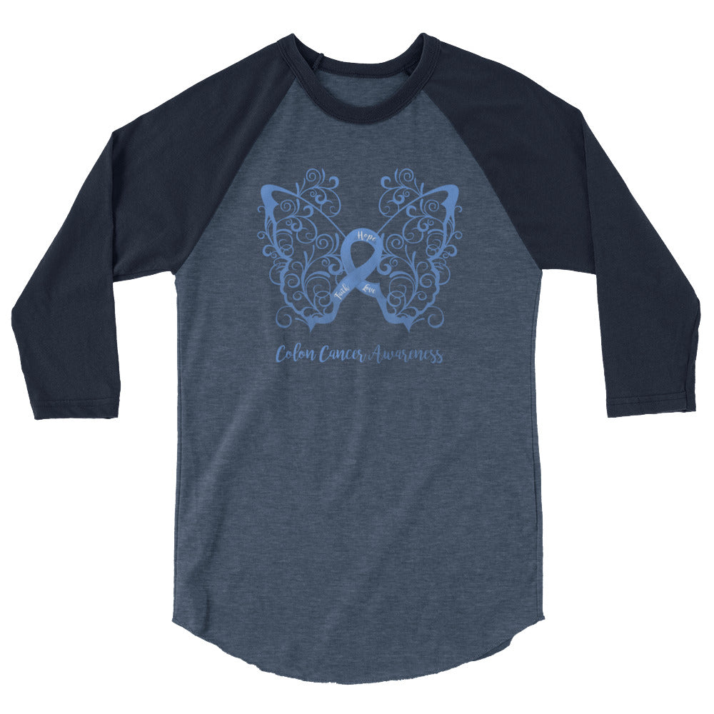 Colon Cancer Awareness Filigree Butterfly 3/4 Sleeve Raglan Shirt