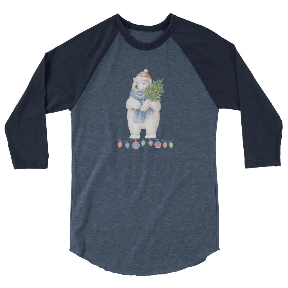 Vintage Watercolor Christmas Polar Bear 3/4 Sleeve Raglan Shirt