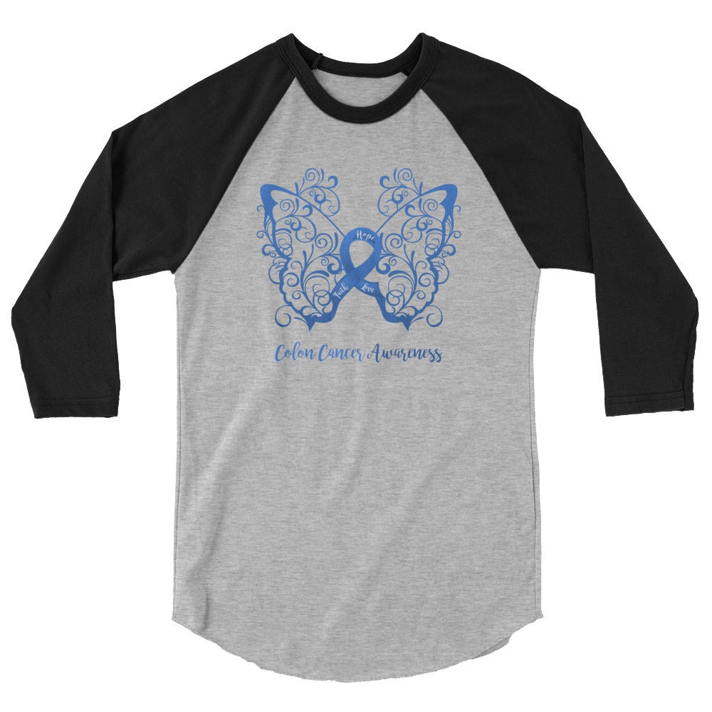 Colon Cancer Awareness Filigree Butterfly 3/4 Sleeve Raglan Shirt