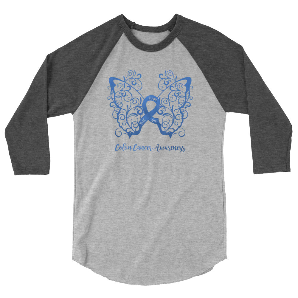 Colon Cancer Awareness Filigree Butterfly 3/4 Sleeve Raglan Shirt