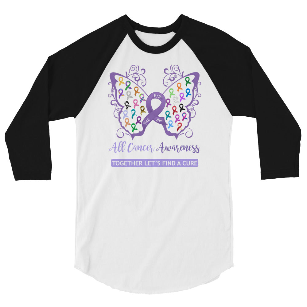 All Cancer Awareness Filigree Butterfly 3/4 Sleeve Raglan Shirt - Several Colors Available