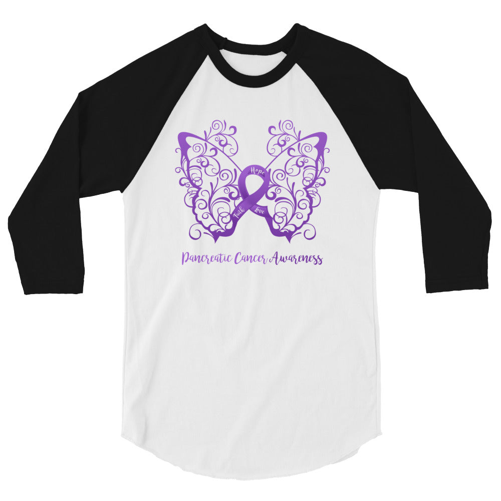 Pancreatic Cancer Awareness Filigree Butterfly 3/4 Sleeve Raglan Shirt - Several Colors Available