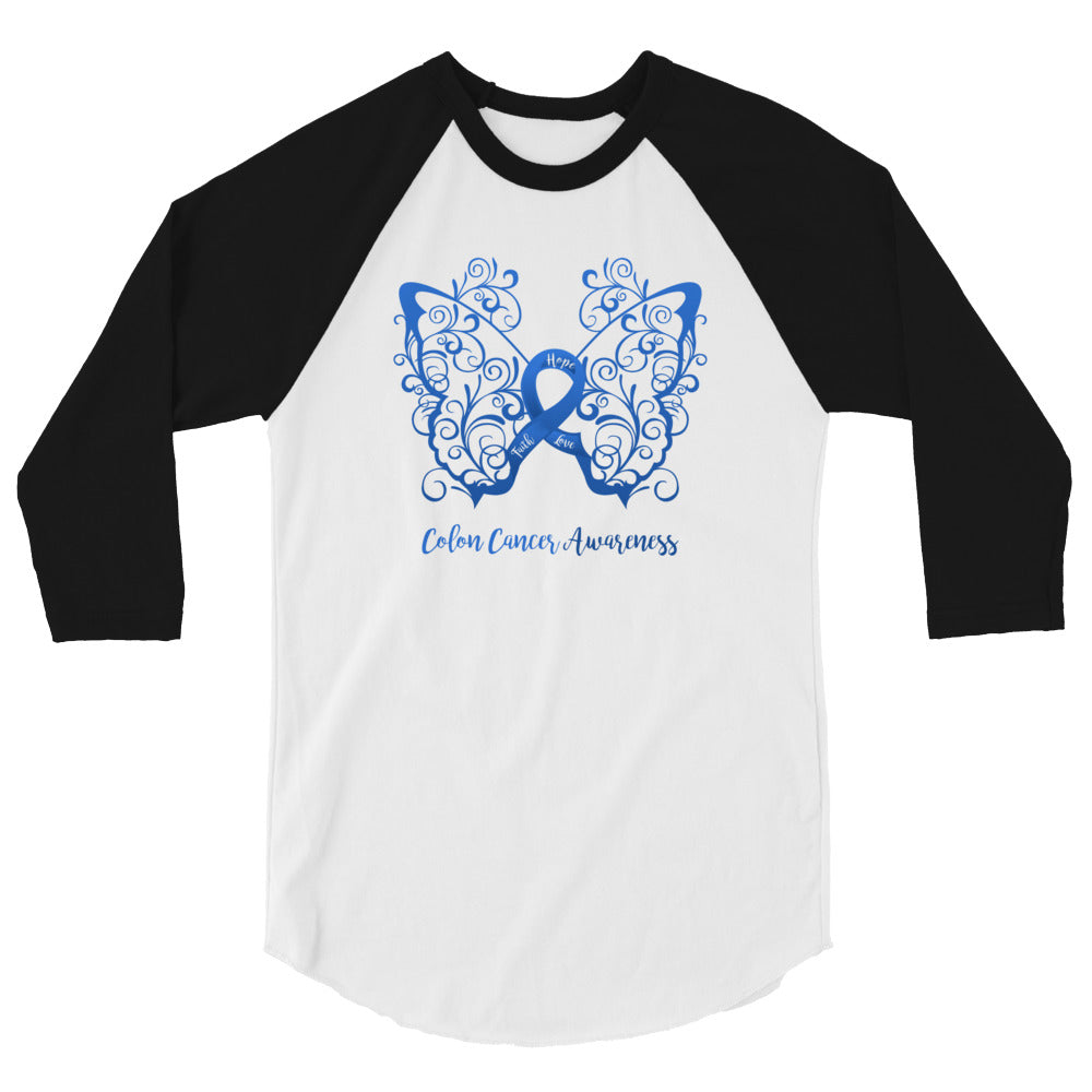 Colon Cancer Awareness Filigree Butterfly 3/4 Sleeve Raglan Shirt