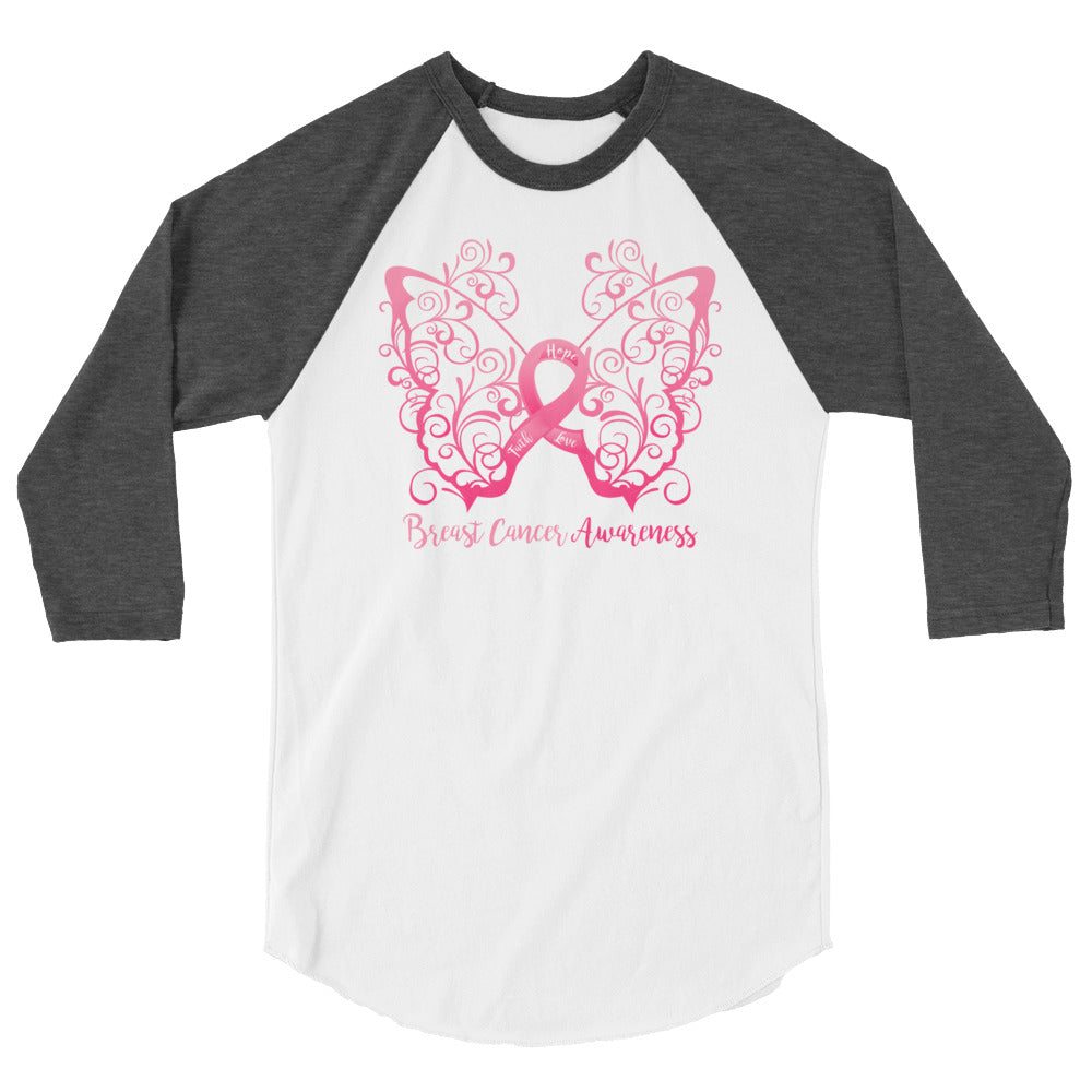 Breast Cancer Awareness Filigree Butterfly 3/4 Sleeve Raglan Shirt