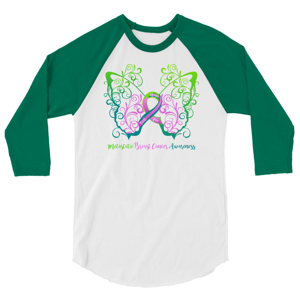 Metastatic Breast Cancer Awareness Filigree Butterfly 3/4 Sleeve Raglan Shirt - Several Colors Available
