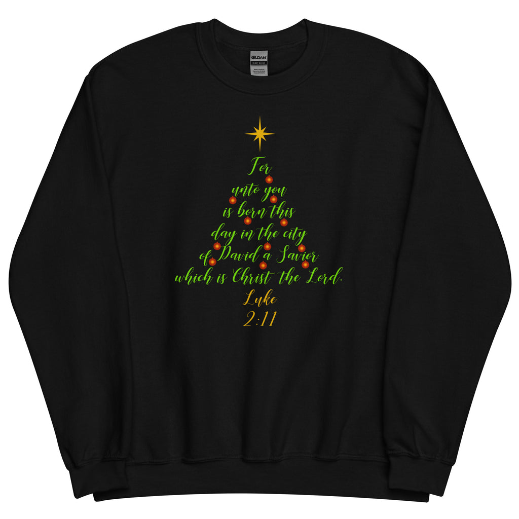 Luke 2:11 Green Christmas Tree Sweatshirt