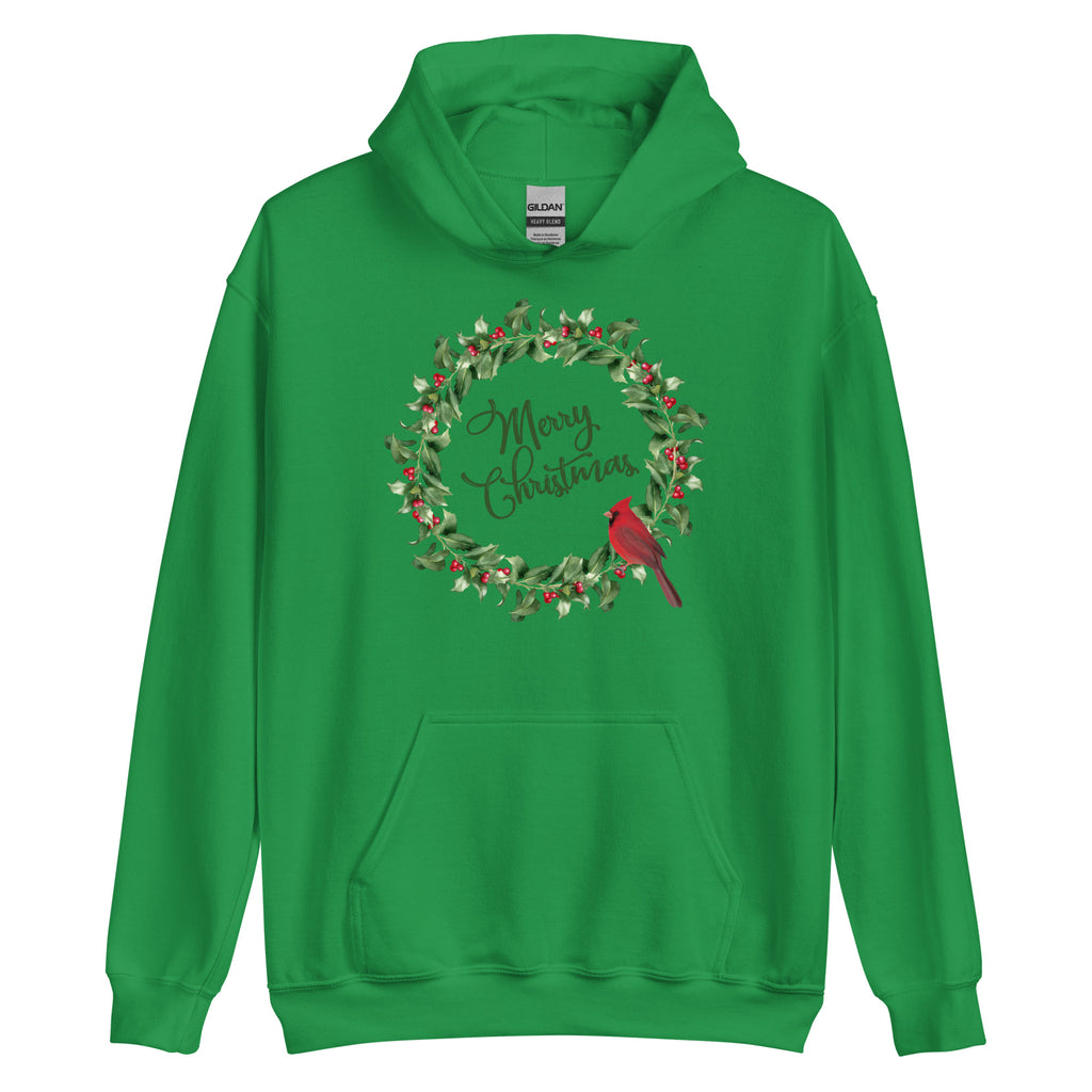 Merry Christmas Cardinal Holly Wreath Long Sleeve Tee Hoodie (Green Font)