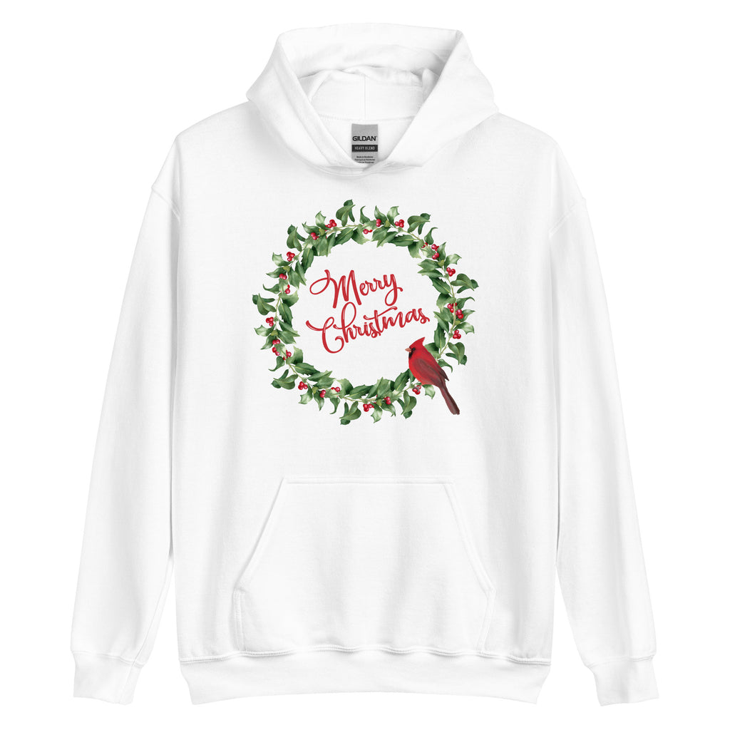 Merry Christmas Cardinal Holly Wreath Hoodie (Red Font)