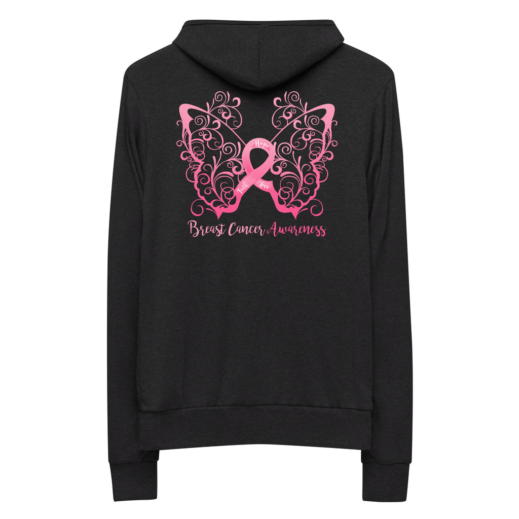 Breast Cancer Awareness Filigree Butterfly Lightweight Zip Hoodie - Design Displayed on Back