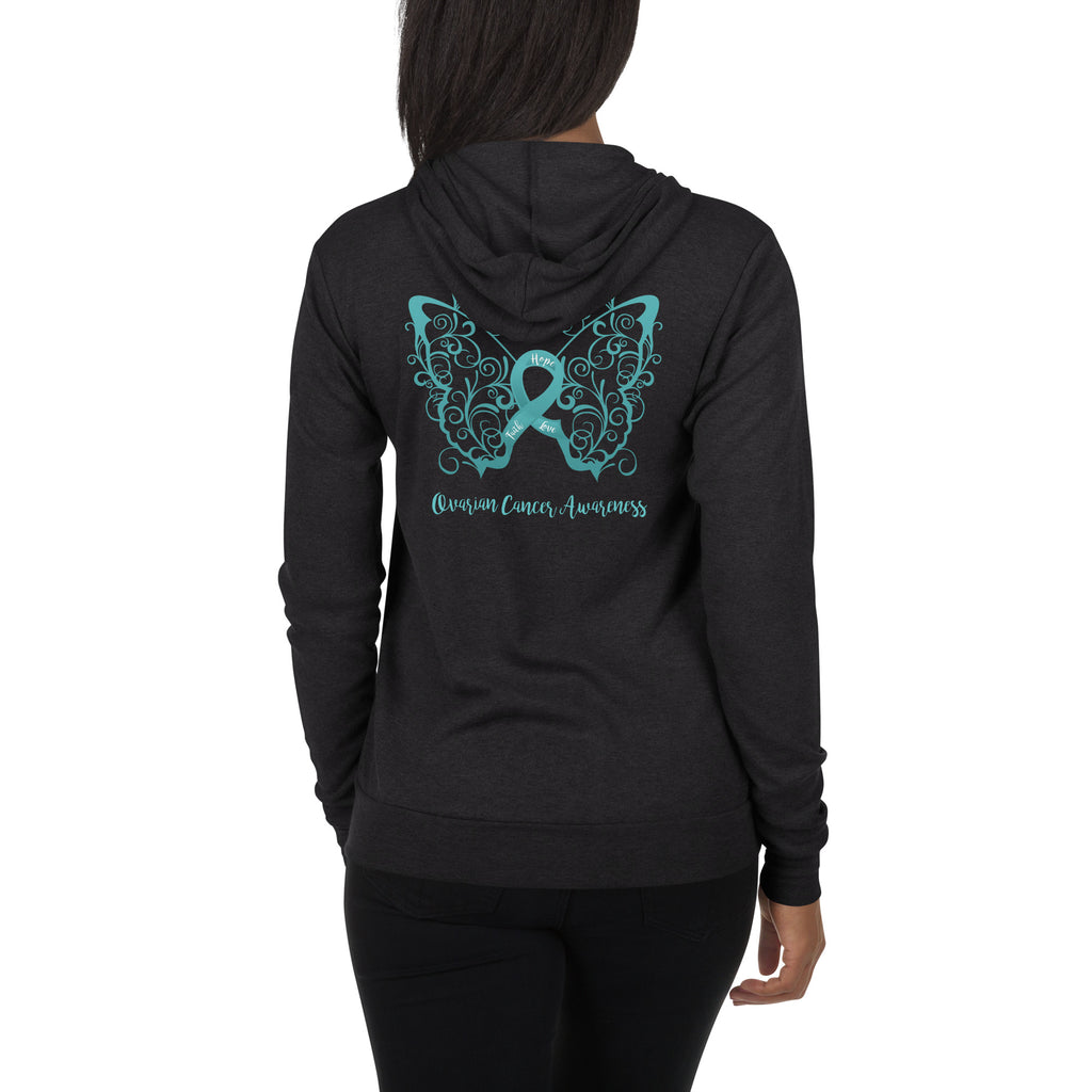 Ovarian Cancer Awareness Filigree Butterfly Lightweight Zip Hoodie - Design Displayed on Back
