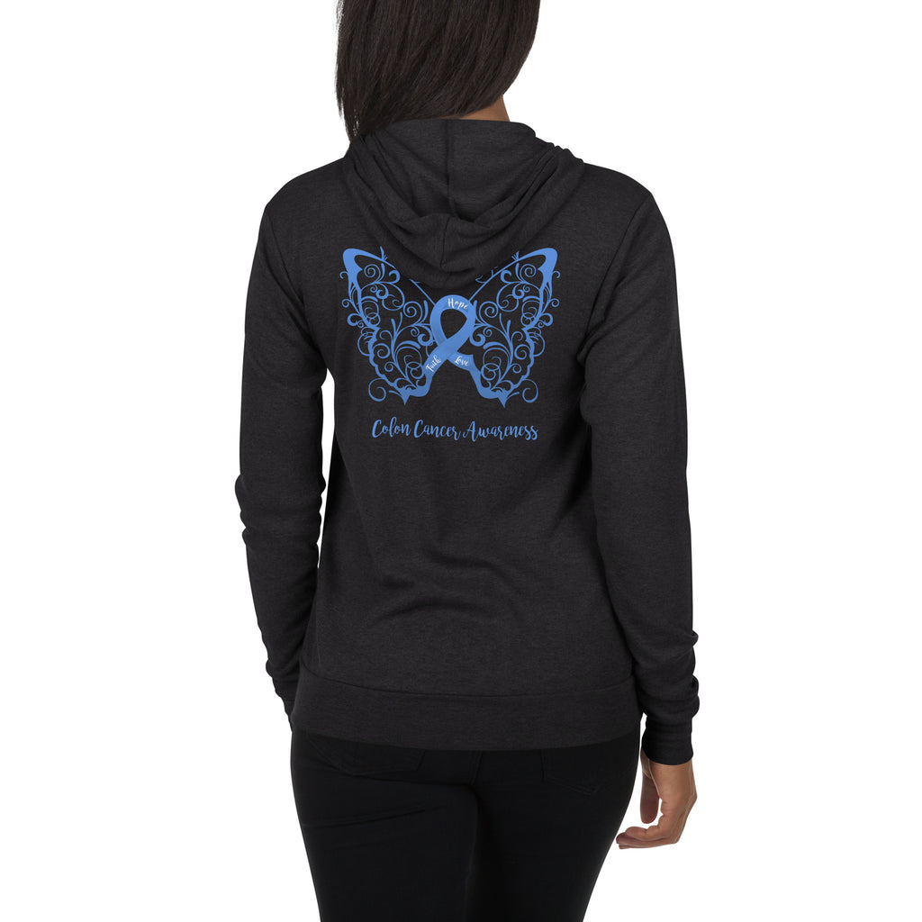 Colon Cancer Awareness Filigree Butterfly Lightweight Zip Hoodie - Design Displayed on Back