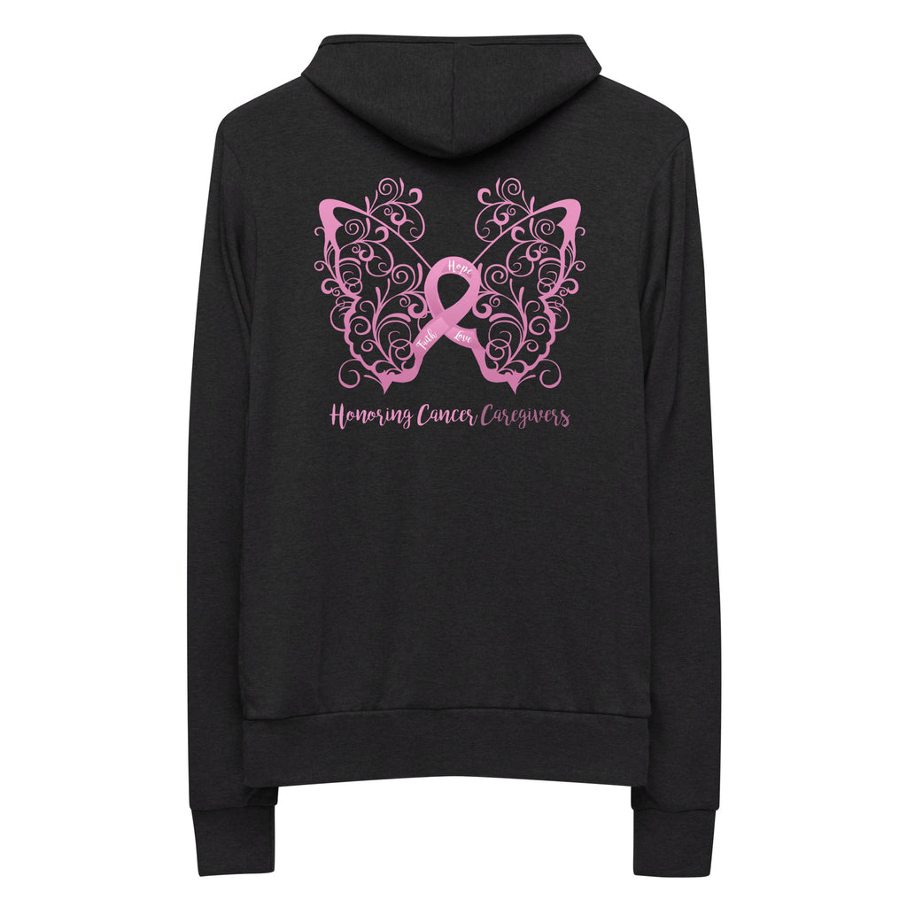Honoring Cancer Caregivers Filigree Butterfly Lightweight Zip Hoodie - Design Displayed on Back