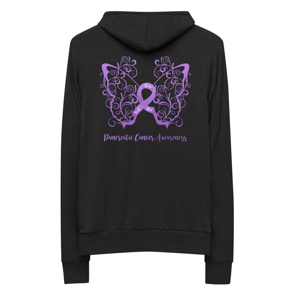 Pancreatic Cancer Awareness Filigree Butterfly Lightweight Zip Hoodie - Design Displayed on Back