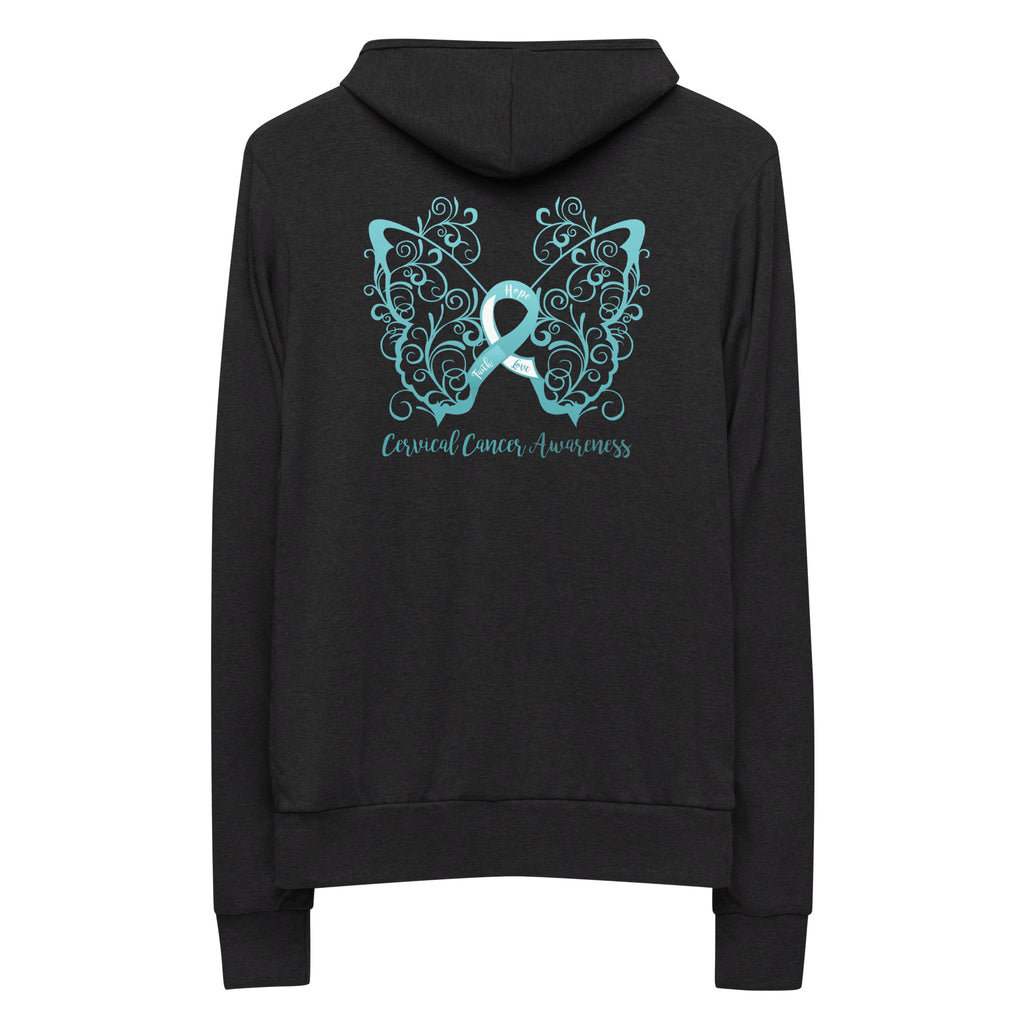 Cervical Cancer Awareness Filigree Butterfly Lightweight Zip Hoodie - Design Displayed on Back