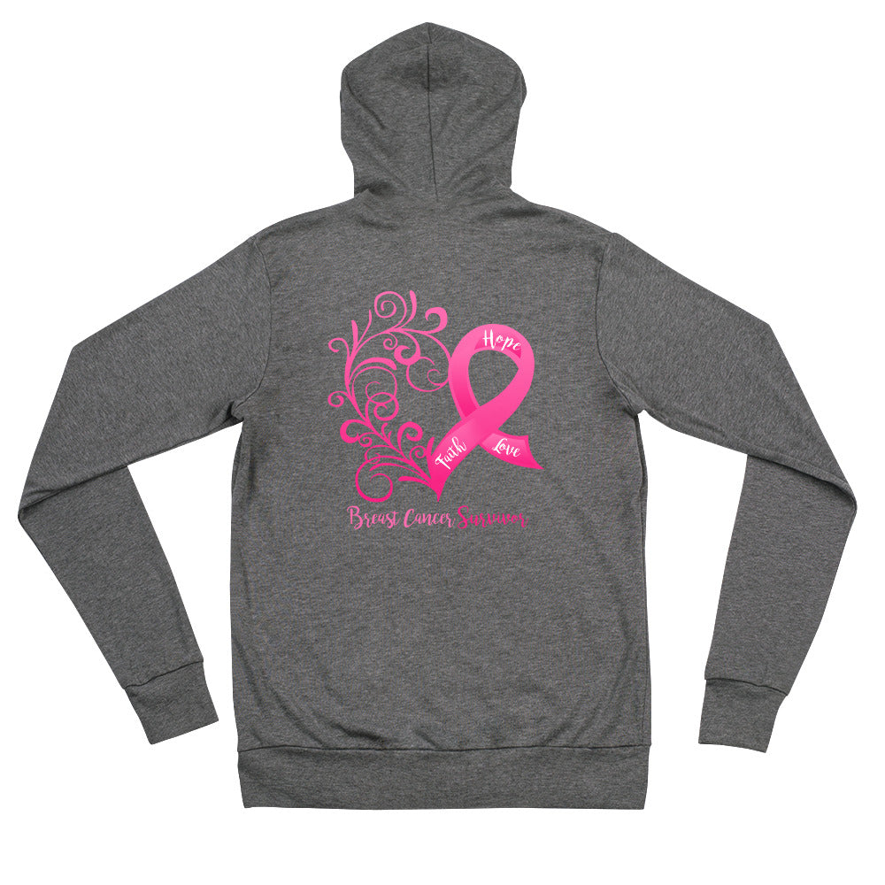 Breast Cancer "Survivor" Heart Lightweight Zip Hoodie - Design Displayed on Back