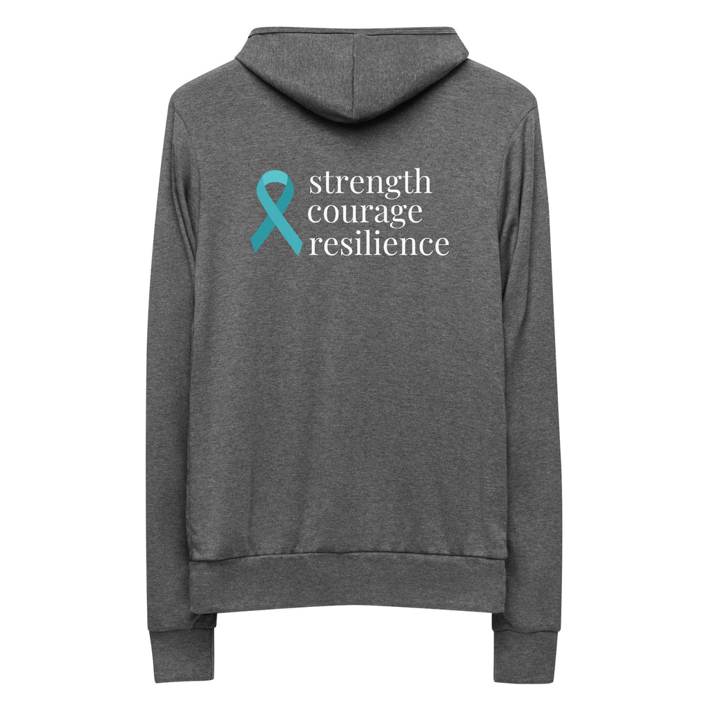 Ovarian Cancer "strength courage resilience" Ribbon Lightweight Zip Hoodie - Design Displayed on Back
