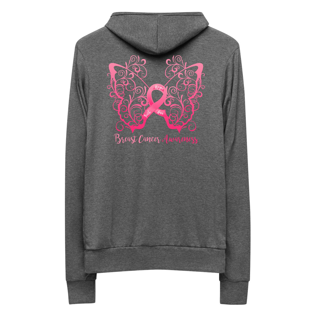 Breast Cancer Awareness Filigree Butterfly Lightweight Zip Hoodie - Design Displayed on Back