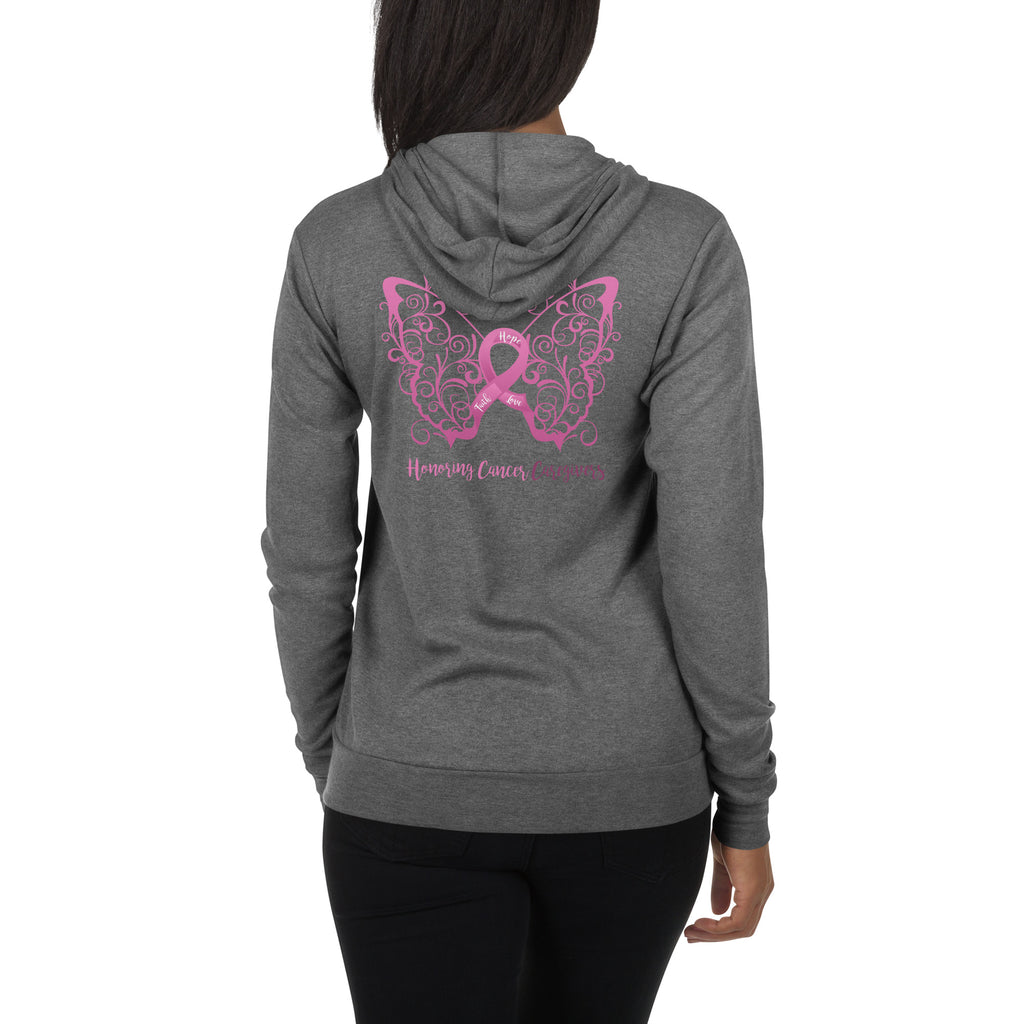 Honoring Cancer Caregivers Filigree Butterfly Lightweight Zip Hoodie - Design Displayed on Back