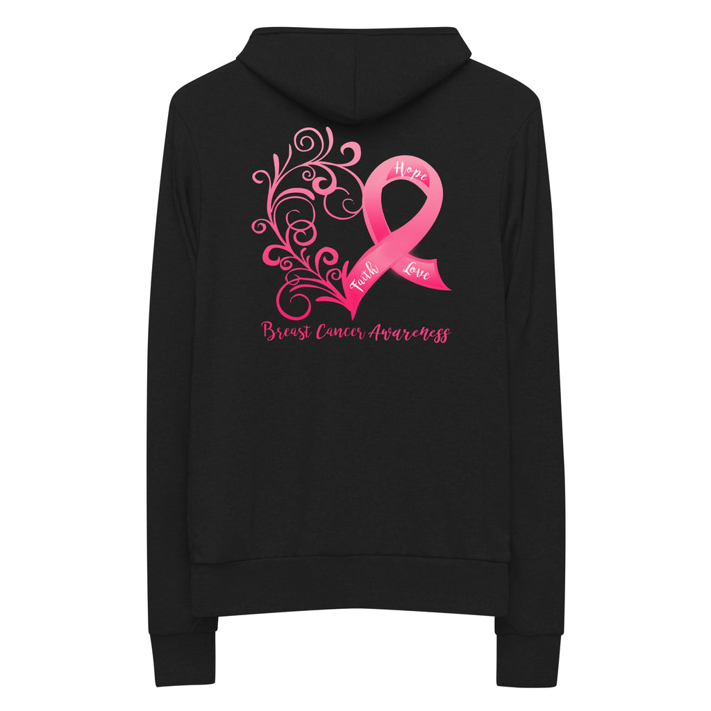Breast Cancer Awareness Heart Lightweight Zip Hoodie - Design Displayed on Back