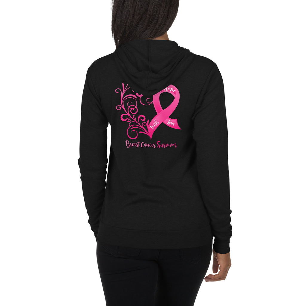 Breast Cancer "Survivor" Heart Lightweight Zip Hoodie - Design Displayed on Back