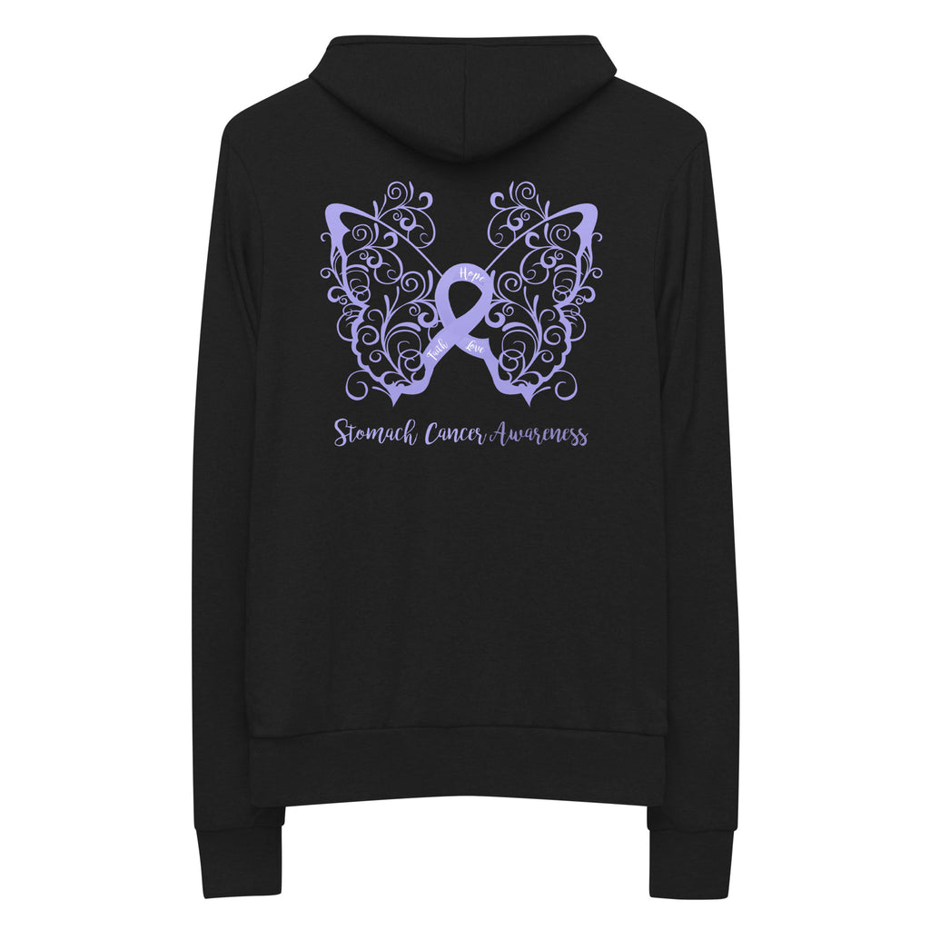 Stomach Cancer Awareness Filigree Butterfly Lightweight Zip Hoodie - Design Displayed on Back