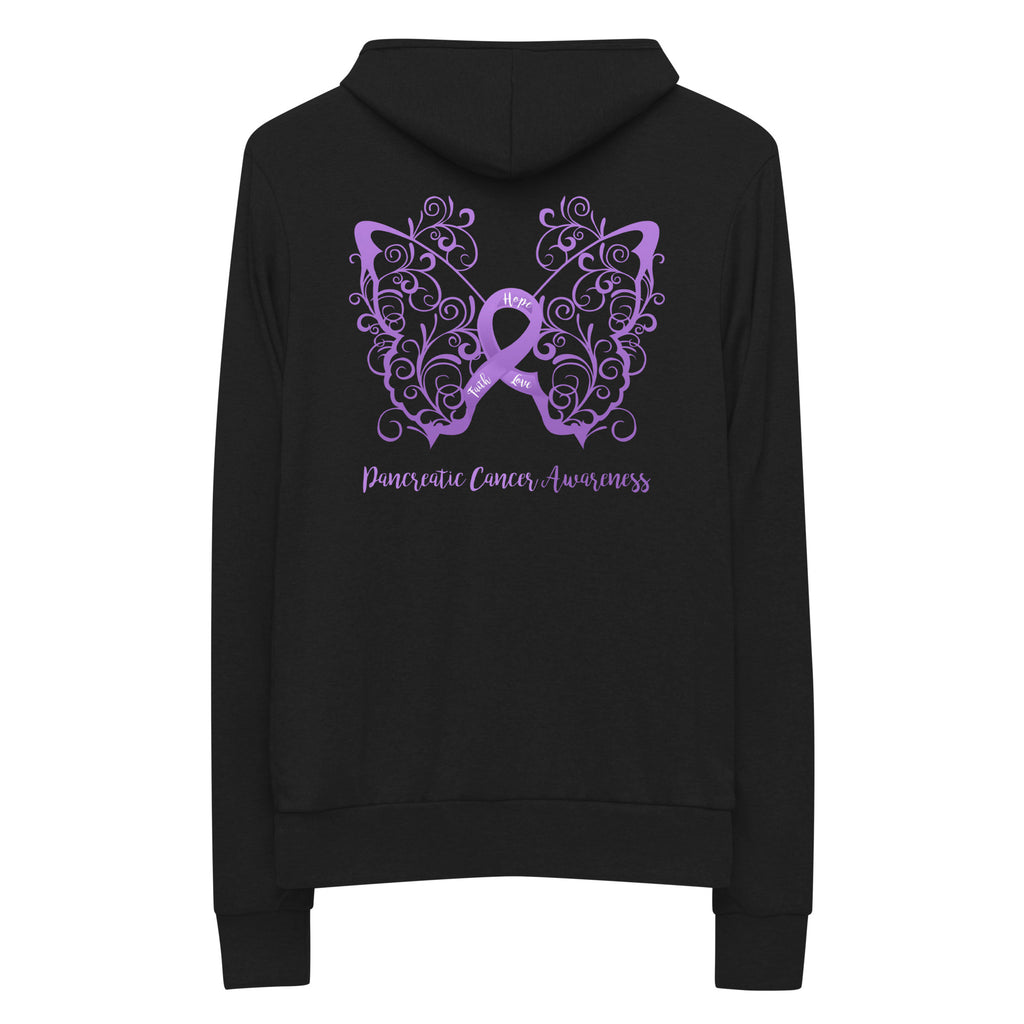 Pancreatic Cancer Awareness Filigree Butterfly Lightweight Zip Hoodie - Design Displayed on Back