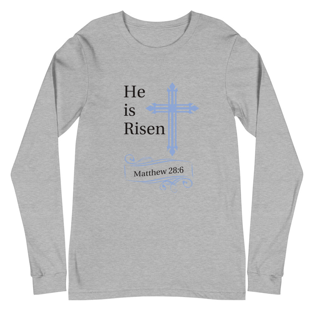 He is Risen Blue Cross Matthew 28:6 Long Sleeve Tee (Several Colors Available)