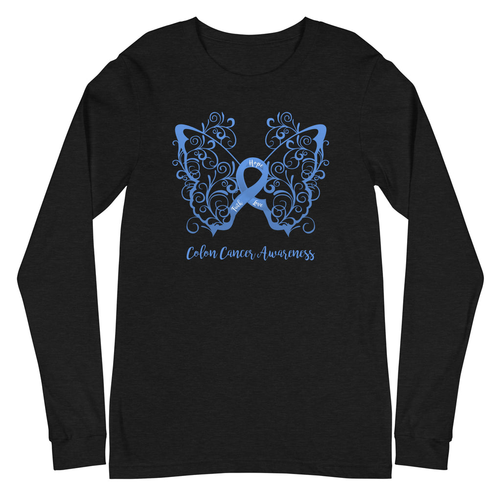 Colon Cancer Awareness Filigree Butterfly Long Sleeve Tee