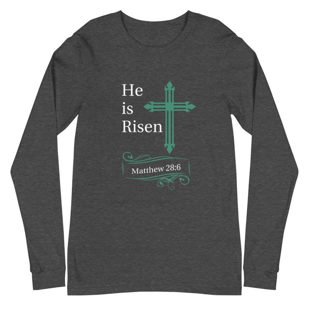 He is Risen Green Cross Matthew 28:6 Long Sleeve Tee (Several Colors Available)